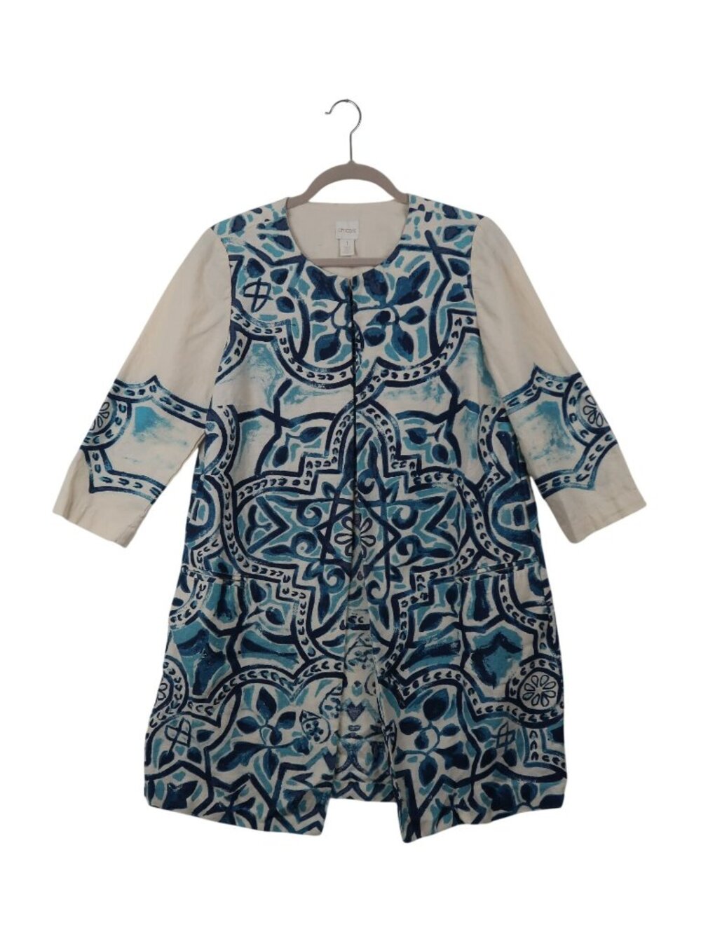 Chicos M 1 Button Front Blue & White Print Linen Jacket Boho Artsy Lagenlook